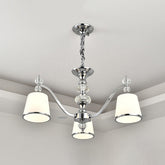 White Glass Conical Pendant Chandelier - Modern Minimalist Design with Chrome Finish and Curved Arm - 3/6 Heads - This is a minimalist, conical white glass pendant chandelier with chrome finish and curved arm. It has 3 or 6 heads, depending on the size, and comes